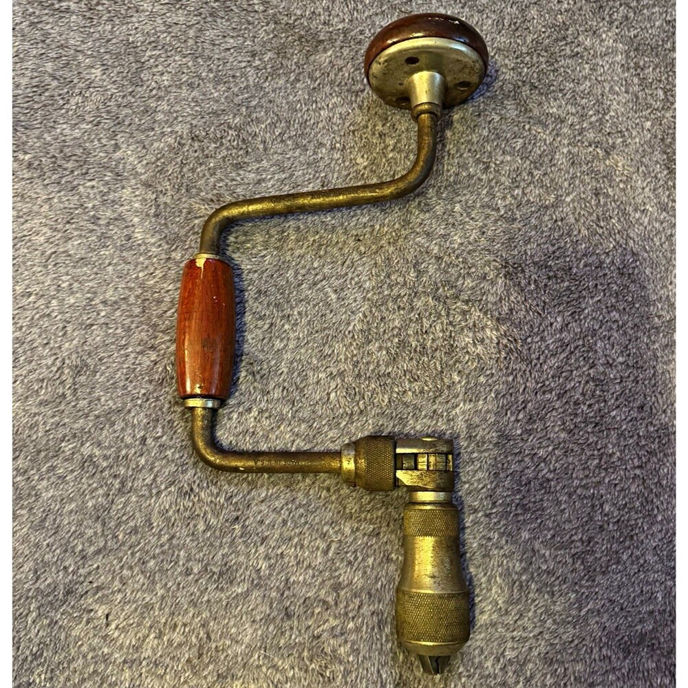 Vintage Original Hand Brace Drill, Hand Crank Wood Handle with Chuck made in USA